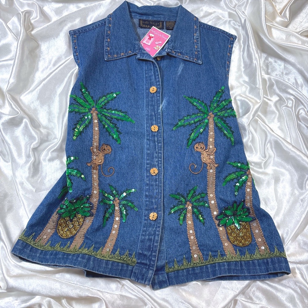 Vintage Denim Vest Blue Excellent Tropical Monkey Pineapple Sequin Life Style M